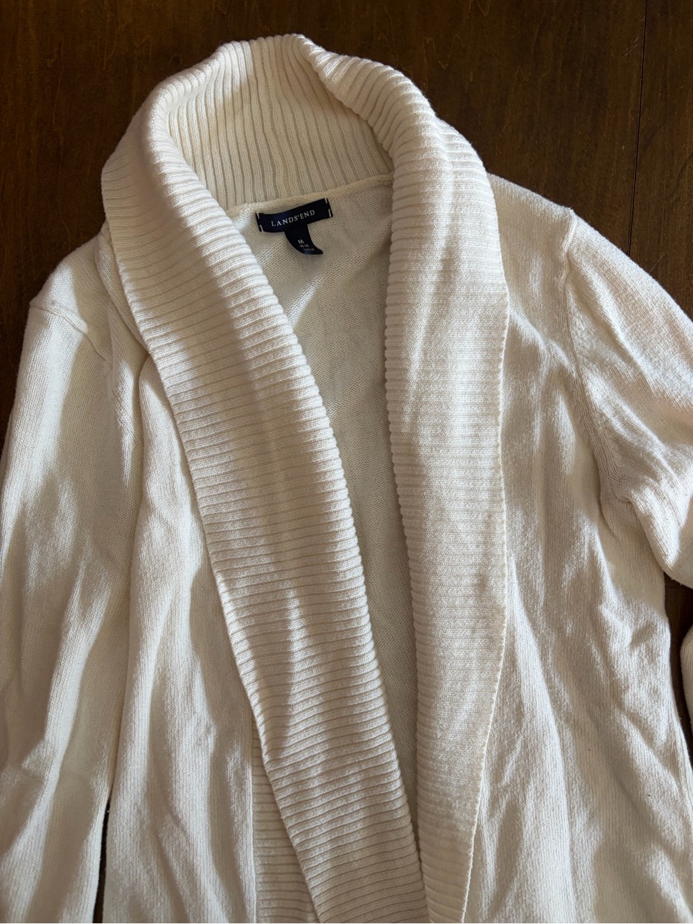 Lands' End Cream Knit Open Front Cardigan Ribbed Shawl Collar Sweater Size M